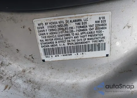 2006 Honda Odyssey Touring z USA, uszkodzony, nr VIN 5FNRL38826B004071